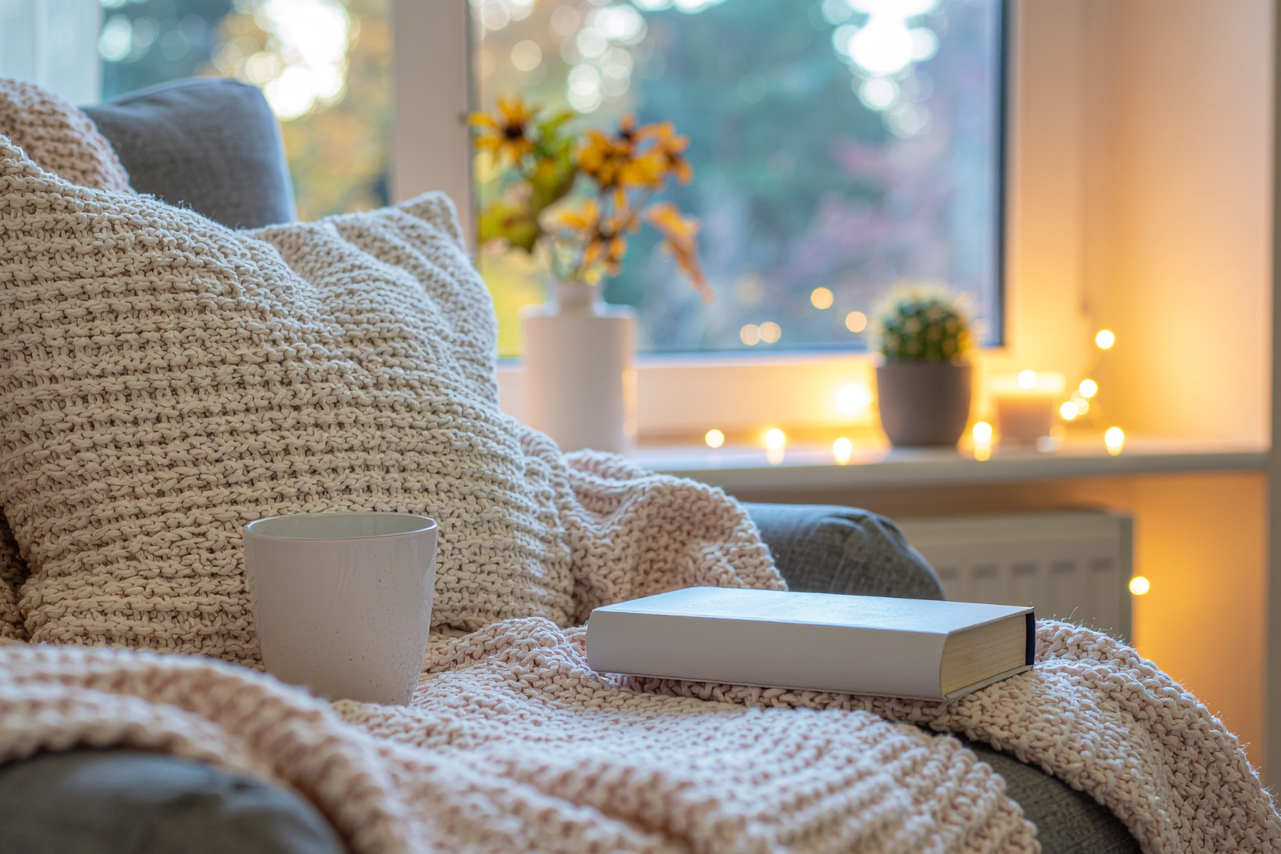 A cozy knit blanket, coffee, and an open book by a sunlit window.