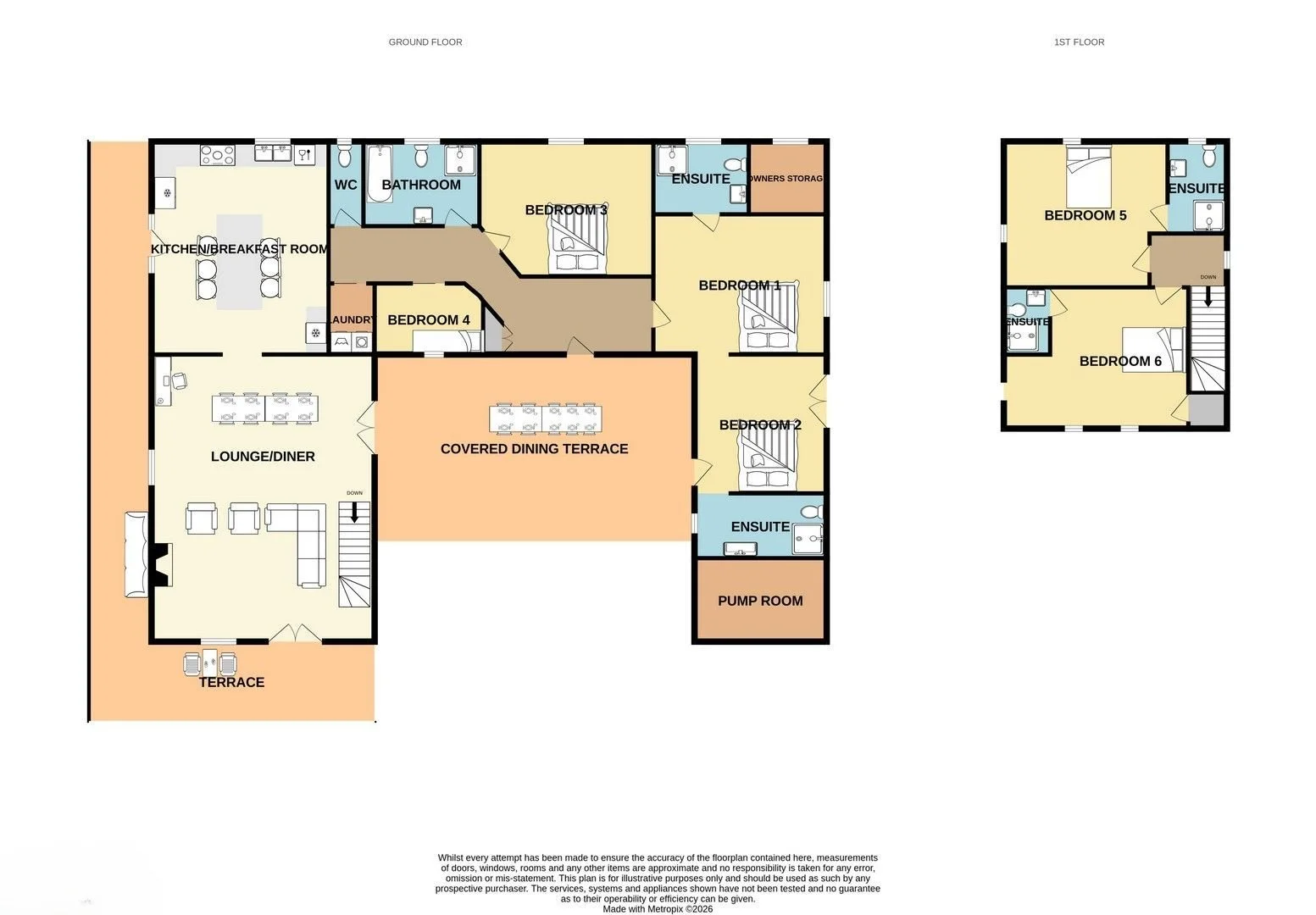 Floor plan of a house showing a ground floor with a terrace, lounge/diner, kitchen/breakfast room, bedrooms, bathrooms, laundry, and a covered dining terrace; and a first floor with bedrooms and ensuite bathrooms.