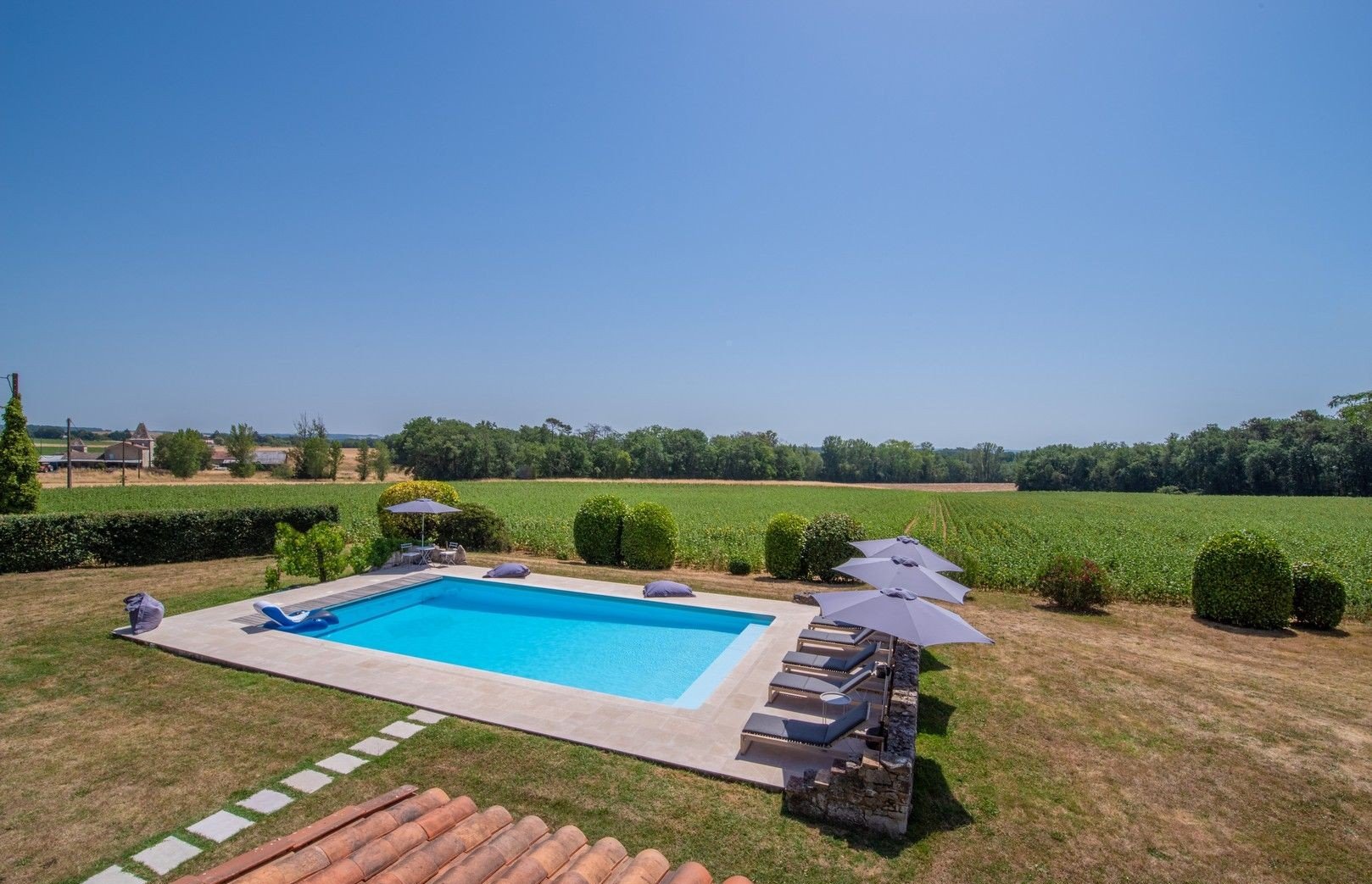 A backyard with a swimming pool surrounded by lounge chairs and umbrellas, overlooking a green agricultural field and a blue sky.