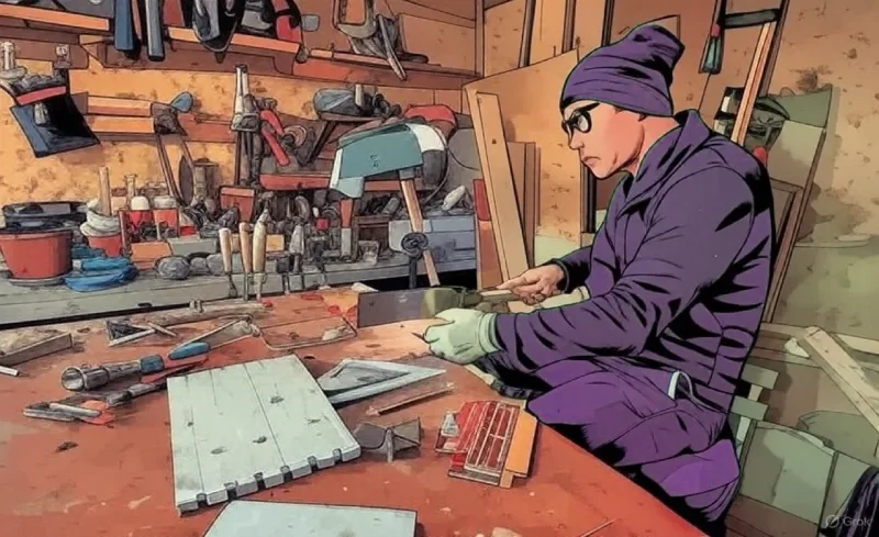 A person wearing glasses, a purple beanie, and a purple jacket working at a cluttered woodworking bench in a workshop, holding a tool and examining a piece of wood.
