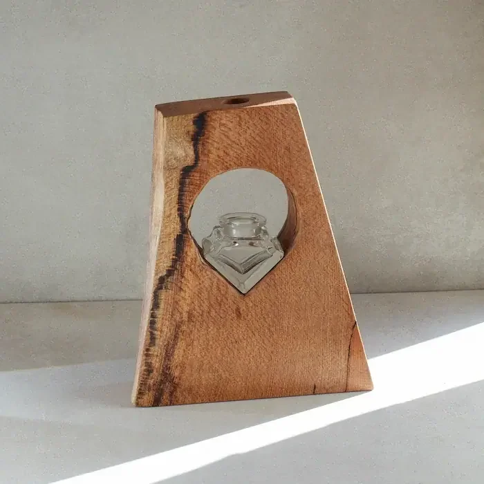 Handcrafted Beech Wood Mount Fuji Vase with Antique Glass Bottle | The Difference Corner Studio