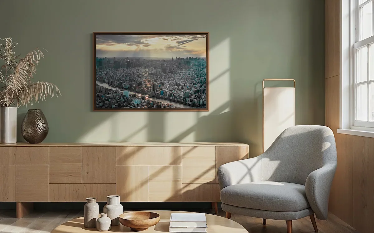 Modern living room with a light green wall, a framed cityscape photograph, a wooden sideboard, decorative vases, a white armchair, a window with sunlight, and a small table with ceramic jars and a book.