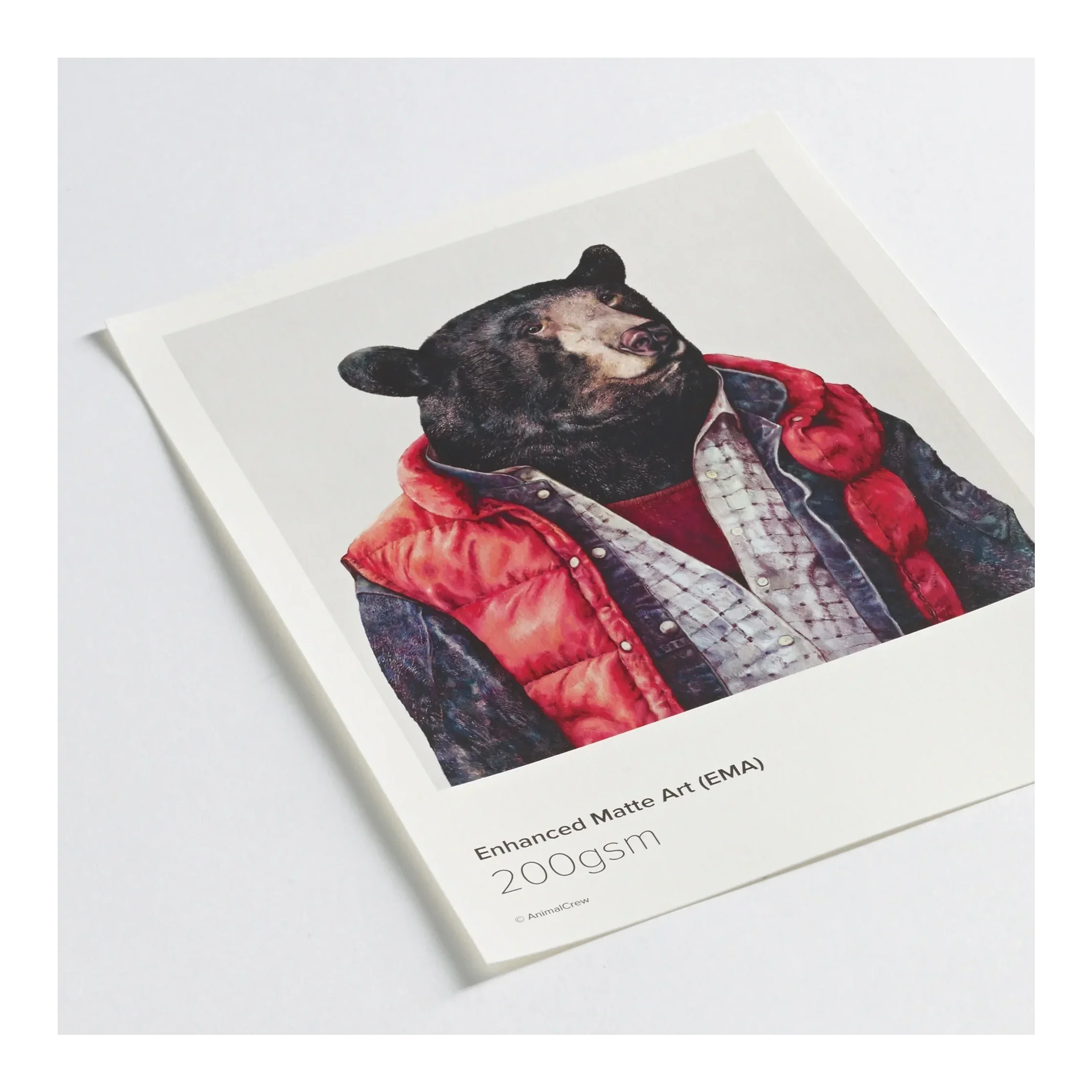 A printed image of a dog with a human body, dressed in a red jacket and plaid shirt, on a white background.