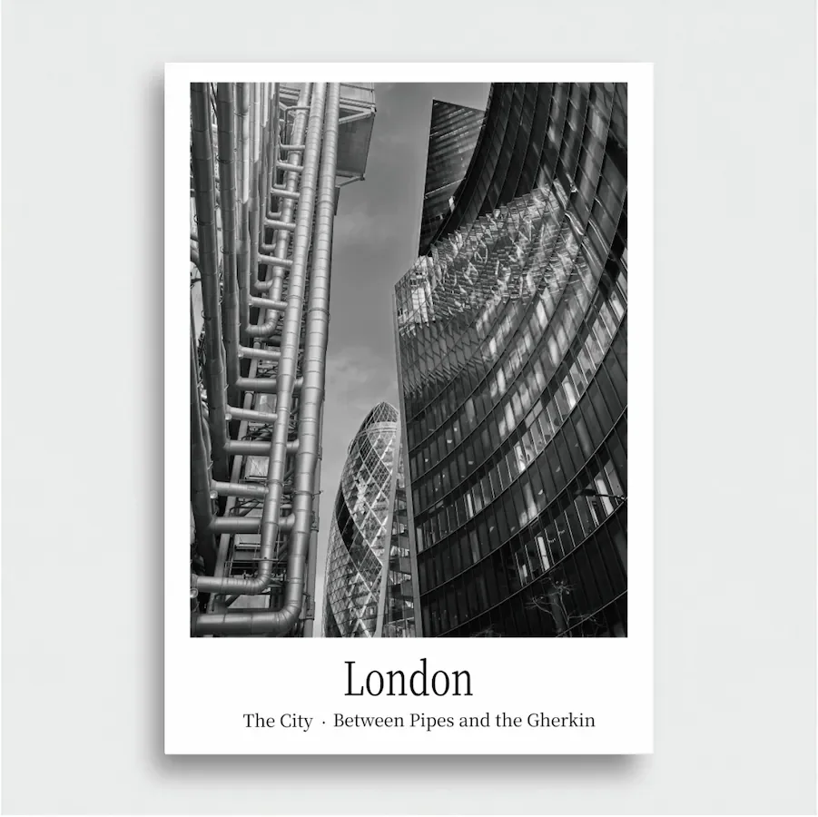 Between Pipes and the Gherkin, London | Black and White Fine Art Poster