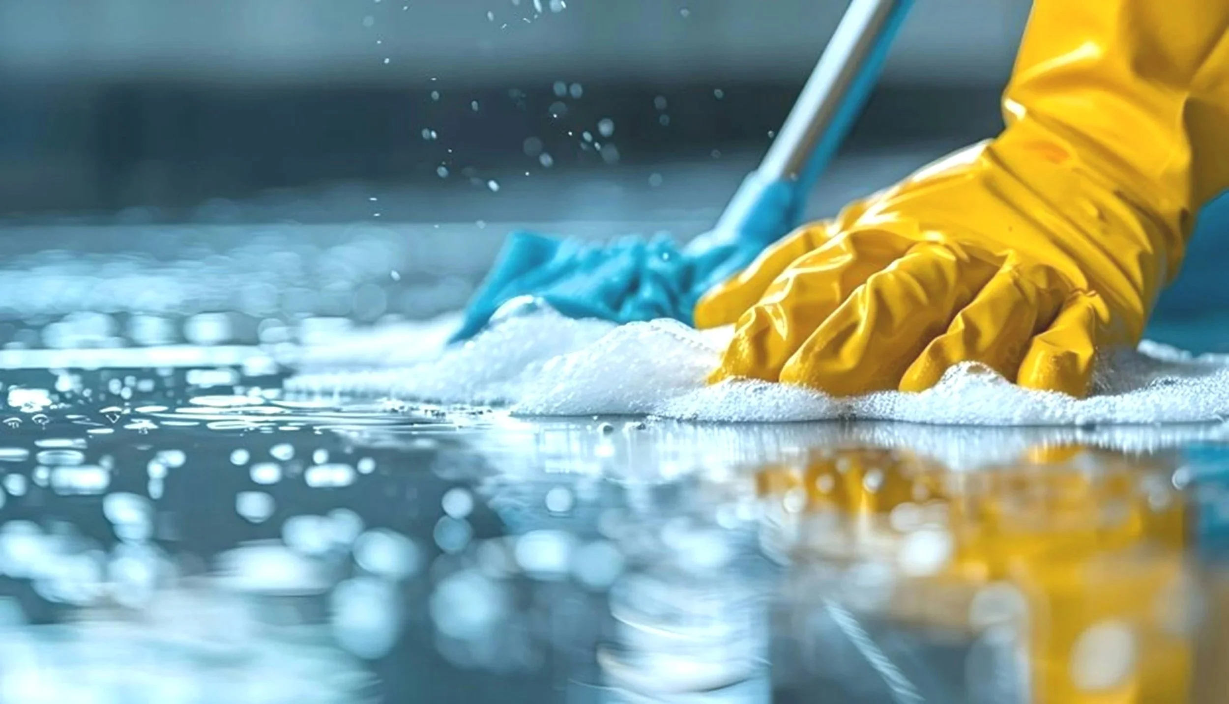 A person wearing yellow rubber gloves is cleaning a surface with soap bubbles and water, using a blue scrubber or sponge.