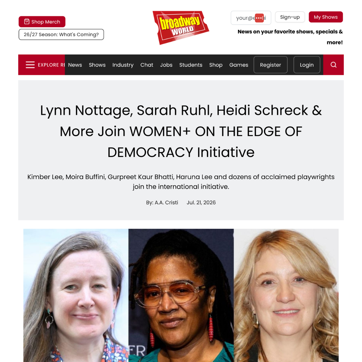 BROADWAY WORLD: Lynn Nottage, Sarah Ruhl, Heidi Schreck & More Join WOMEN+ ON THE EDGE OF DEMOCRACY
