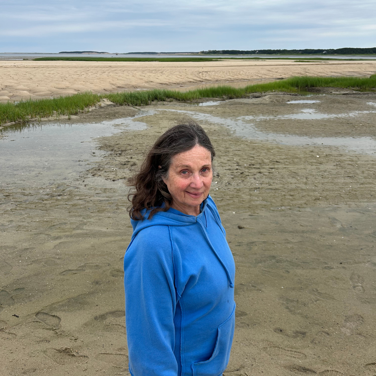 A woman with brown hair wearing a blue hoodie standing on a sandy beach with patches of grass and water, with a body of water and distant land visible under an overcast sky.