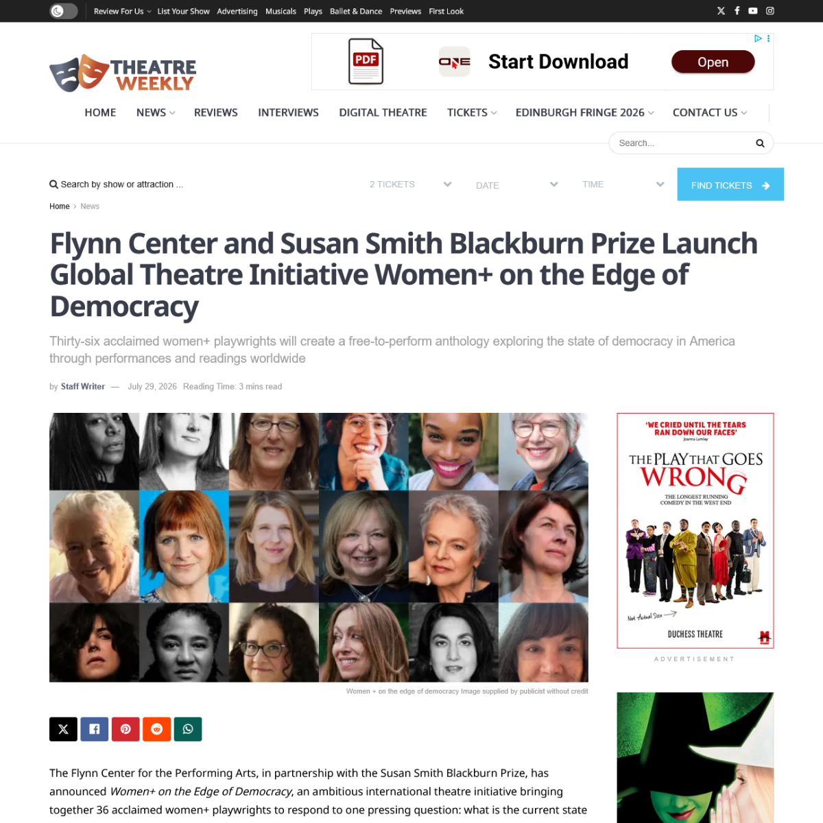 Theater Weekly: Flynn Center and Susan Smith Blackburn Prize Launch Global Theatre Initiative Women