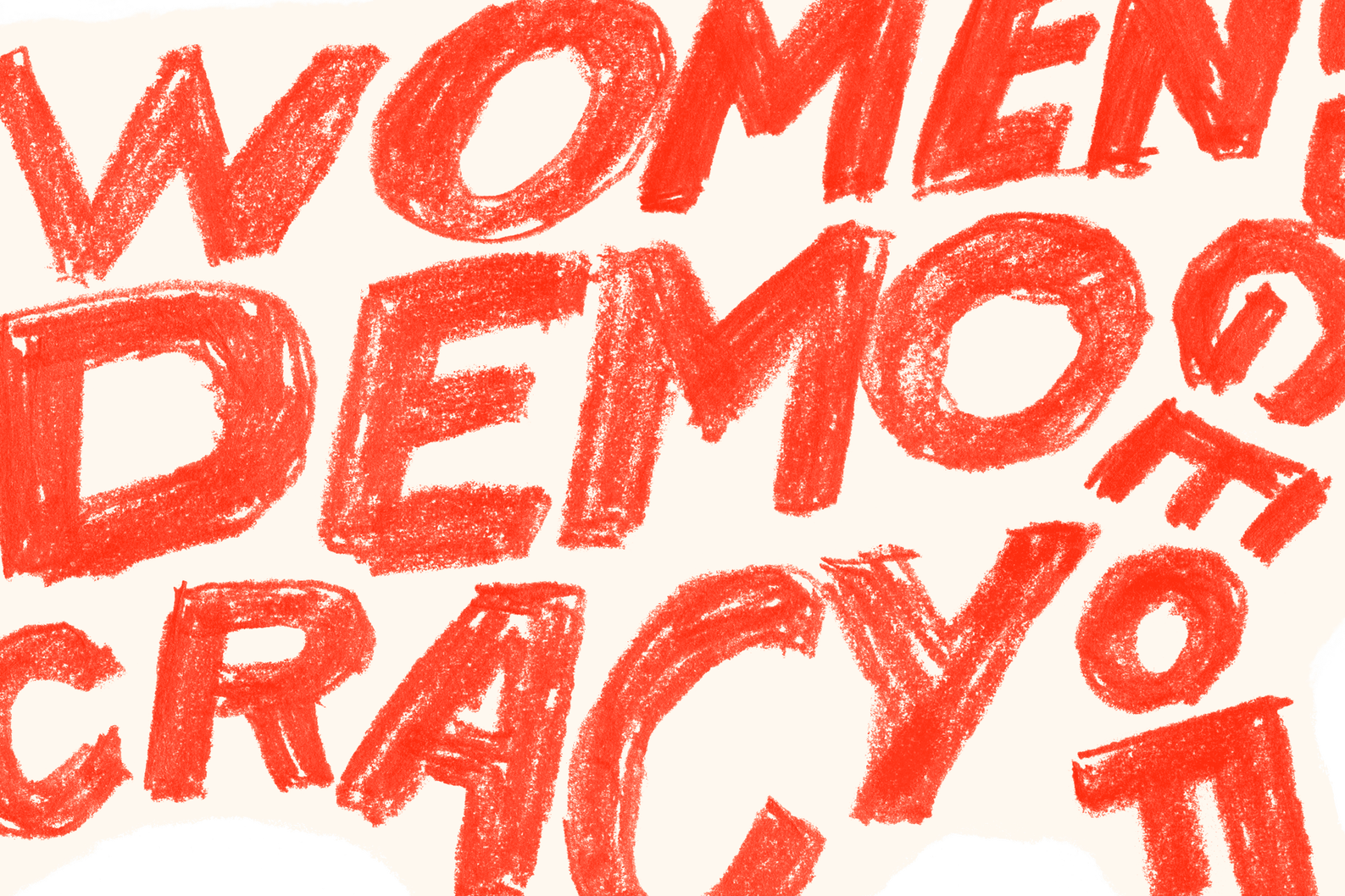 Cropped section of a white graphic in a rough, hand-drawn shape of the continental U.S. with "Women+ on the Edge of Democracy" filling the space in red hand-drawn all-caps letters.