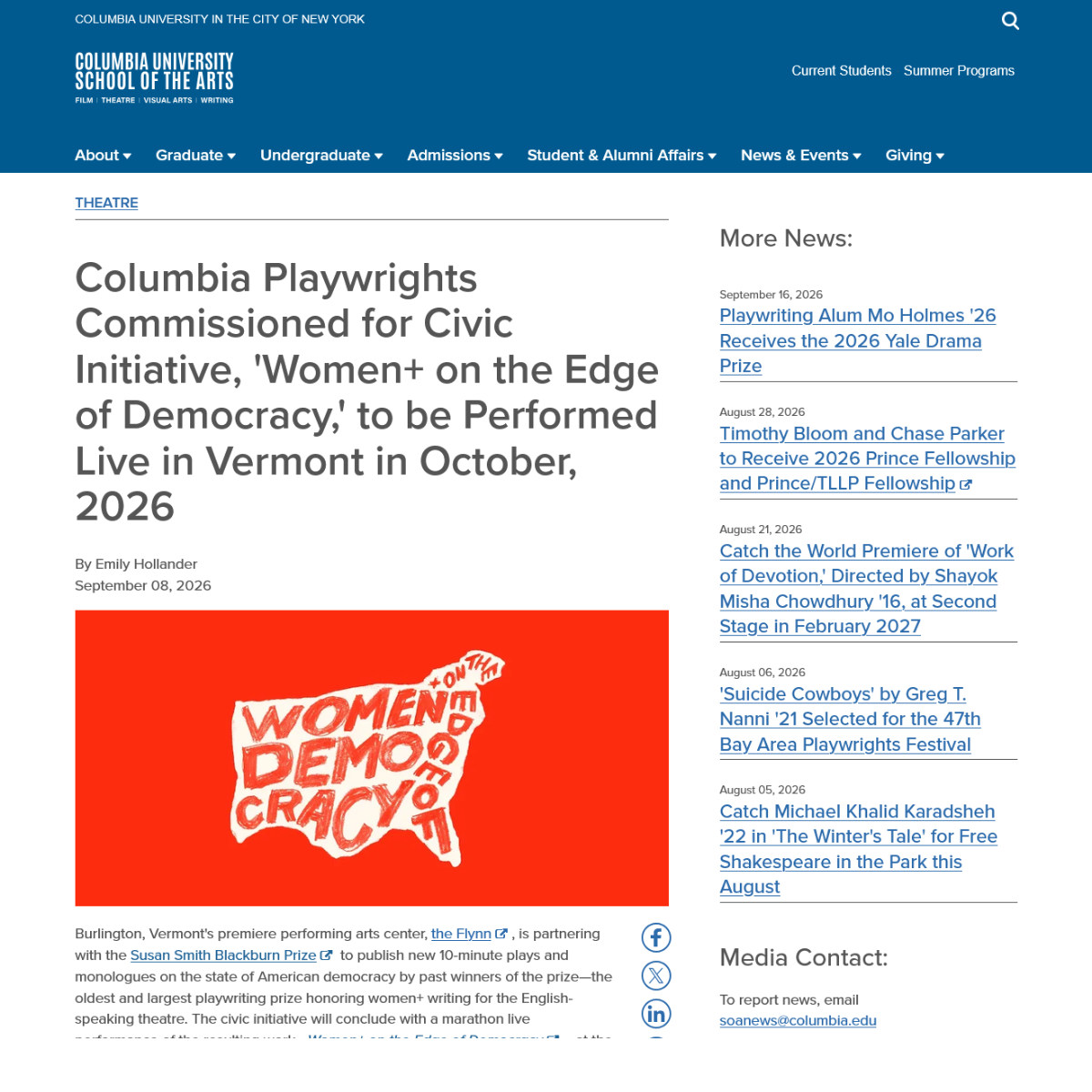 Columbia University School of the Arts: Columbia Playwrights Commissioned for Civic Initiative