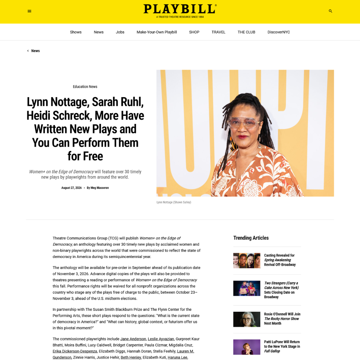 Playbill: Lynn Nottage, Sarah Ruhl, Heidi Schreck, More Have Written New Plays and You Can Perform