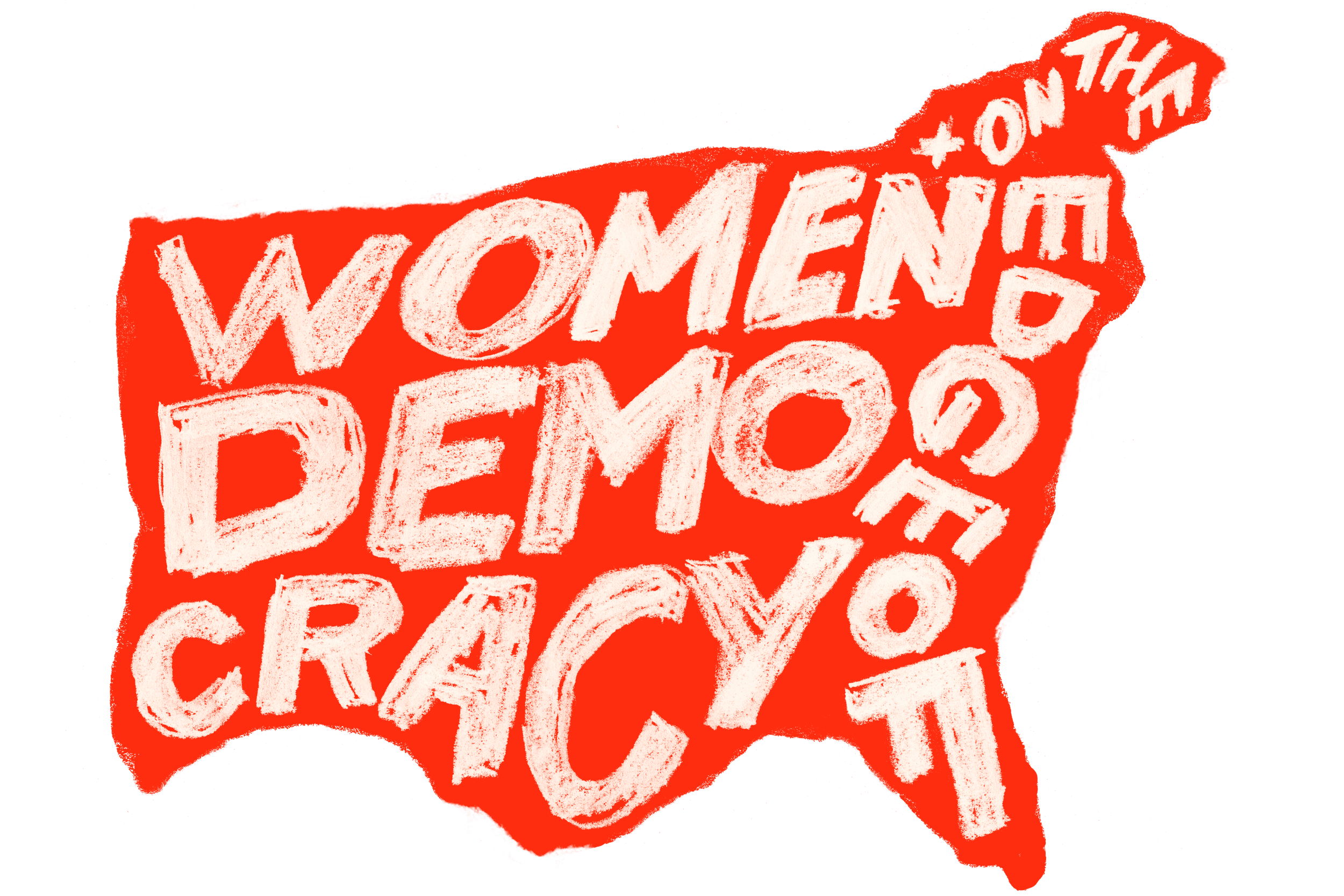 A red background with white hand-drawn style text that says "WOMEN ON THE DEMAND" and includes other partially visible words.