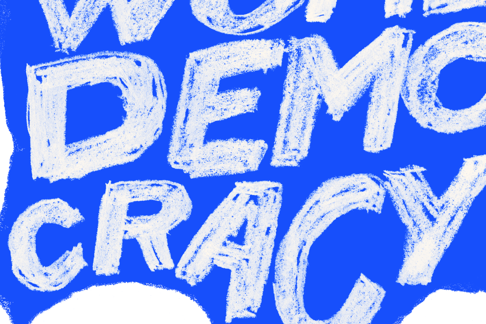 Cropped section of a blue graphic in a rough, hand-drawn shape of the continental U.S. with "Women+ on the Edge of Democracy" filling the space in white hand-drawn all-caps letters.