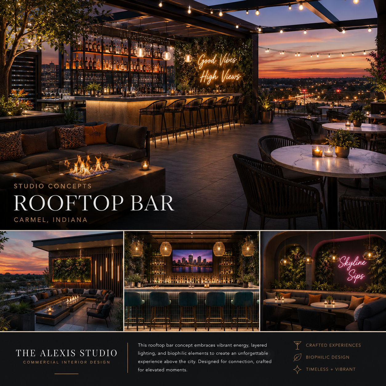Luxury rooftop bar concept featuring custom bar, fire lounge, biophilic design, and sunset views in Carmel, Indiana.