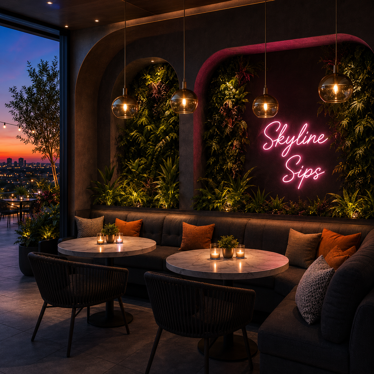 Rooftop cocktail lounge featuring intimate seating and neon accent signage.