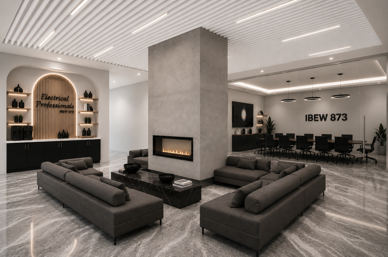 Modern office lounge with gray sofas arranged around a fireplace, marble flooring, and a meeting room in the background with a large table and black chairs. Sign on wall reads 'IBEW 873'.