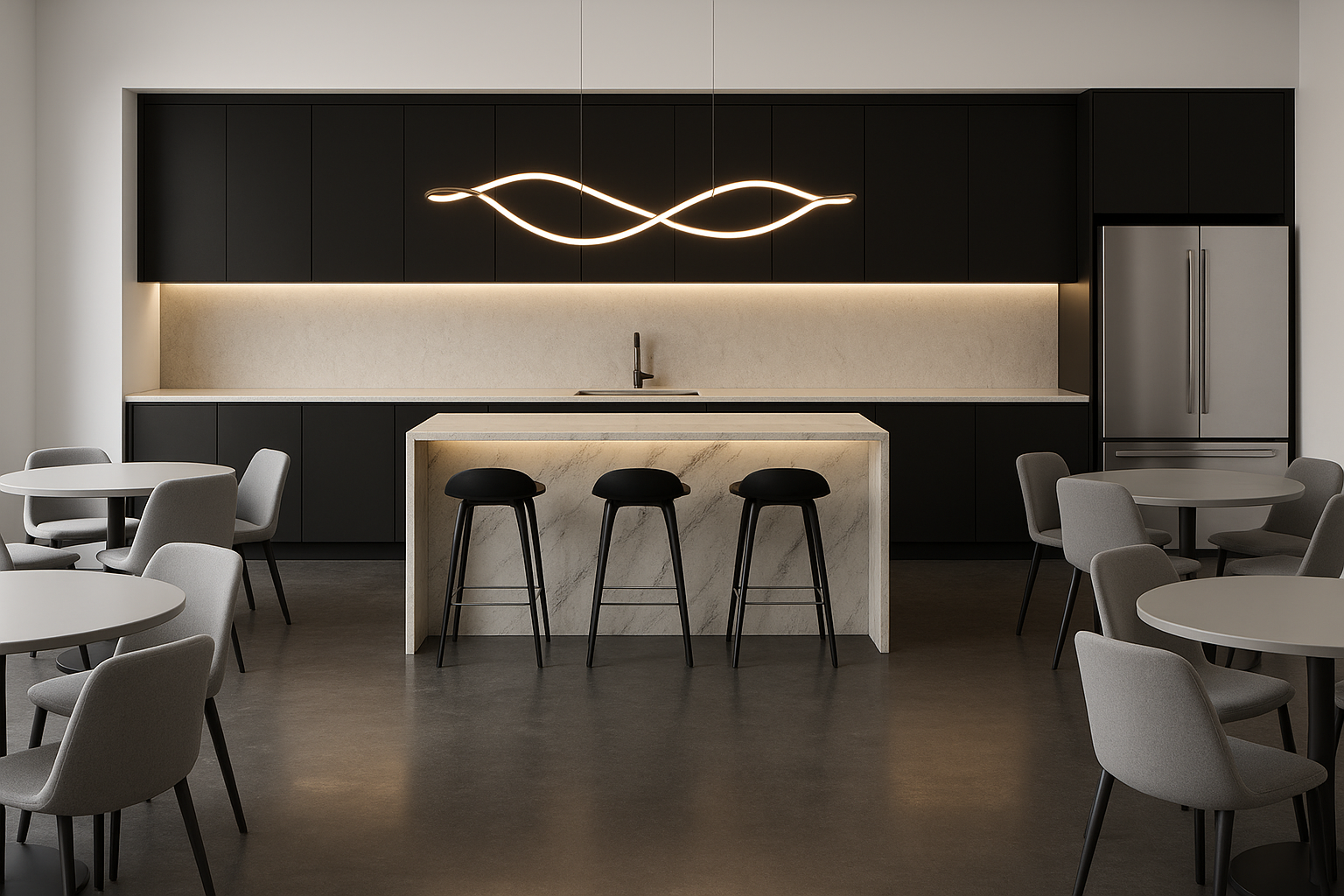 Modern kitchen with black cabinets, a marble island, and a minimalist LED light fixture, with round tables and gray chairs.