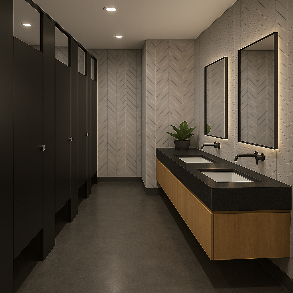 Modern bathroom with black lockers on the left, dual sinks with black countertops on the right, framed mirrors, and a potted plant between the mirrors.