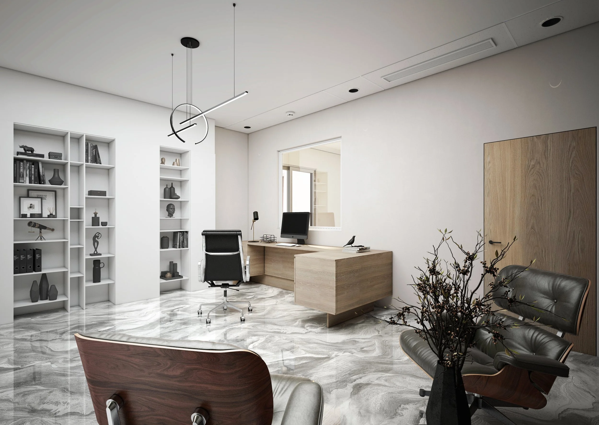 Modern office with white walls, a wooden desk, black office chairs, a white bookshelf with decorative items, a computer on the desk, a window, and a decorative branch in a black vase, with a unique black and silver ceiling light.