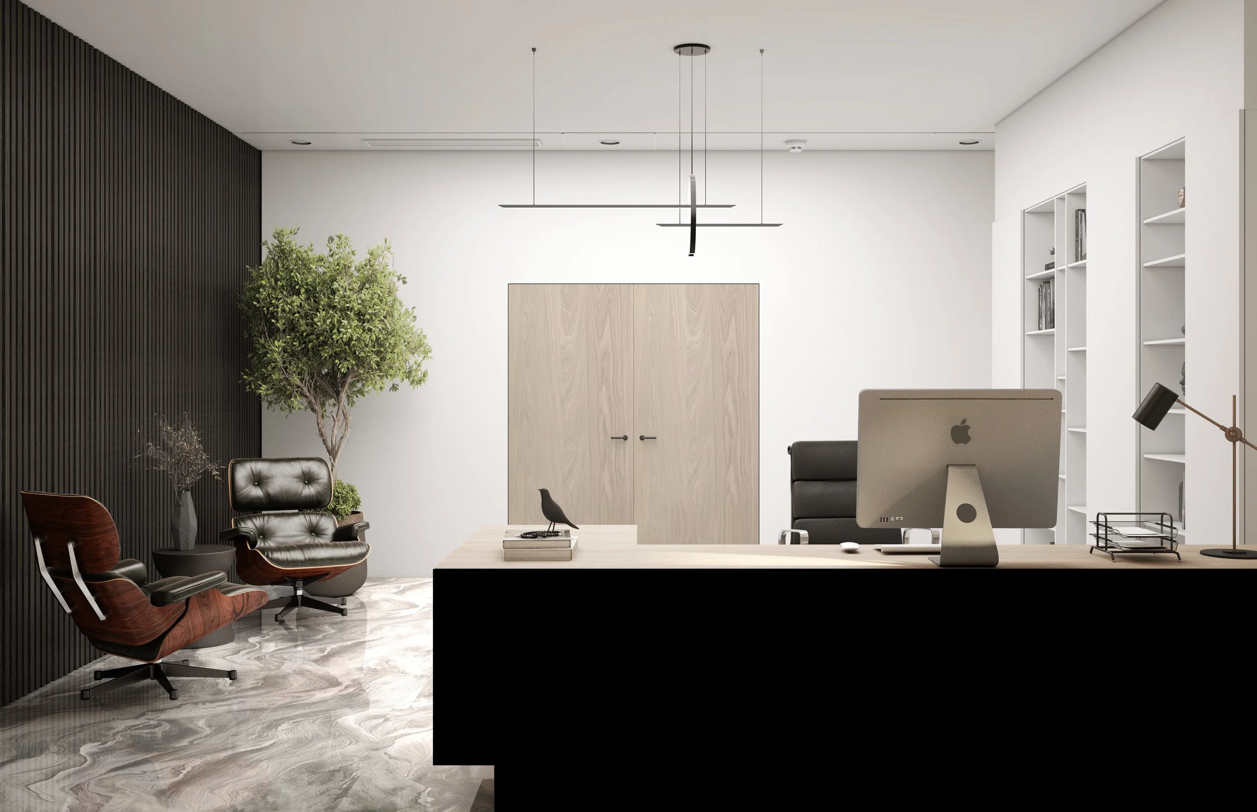 Modern office with white walls, black accent wall, wooden double doors, a large plant, a black armchair, a small chair, a desk with an iMac, a black bookend, and a black desk lamp.