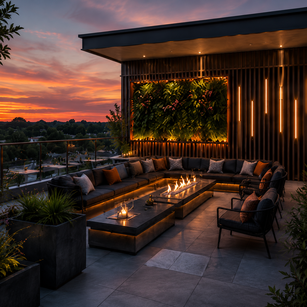 Rooftop lounge with fire feature, sectional seating, and vertical living wall.