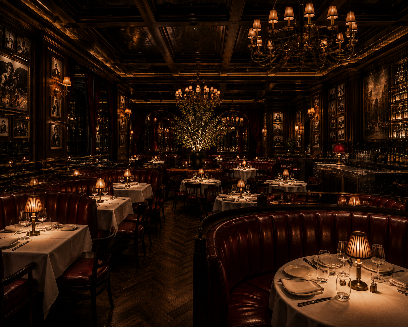 Luxury Italian supper club dining room with oxblood leather booths and warm ambient lighting