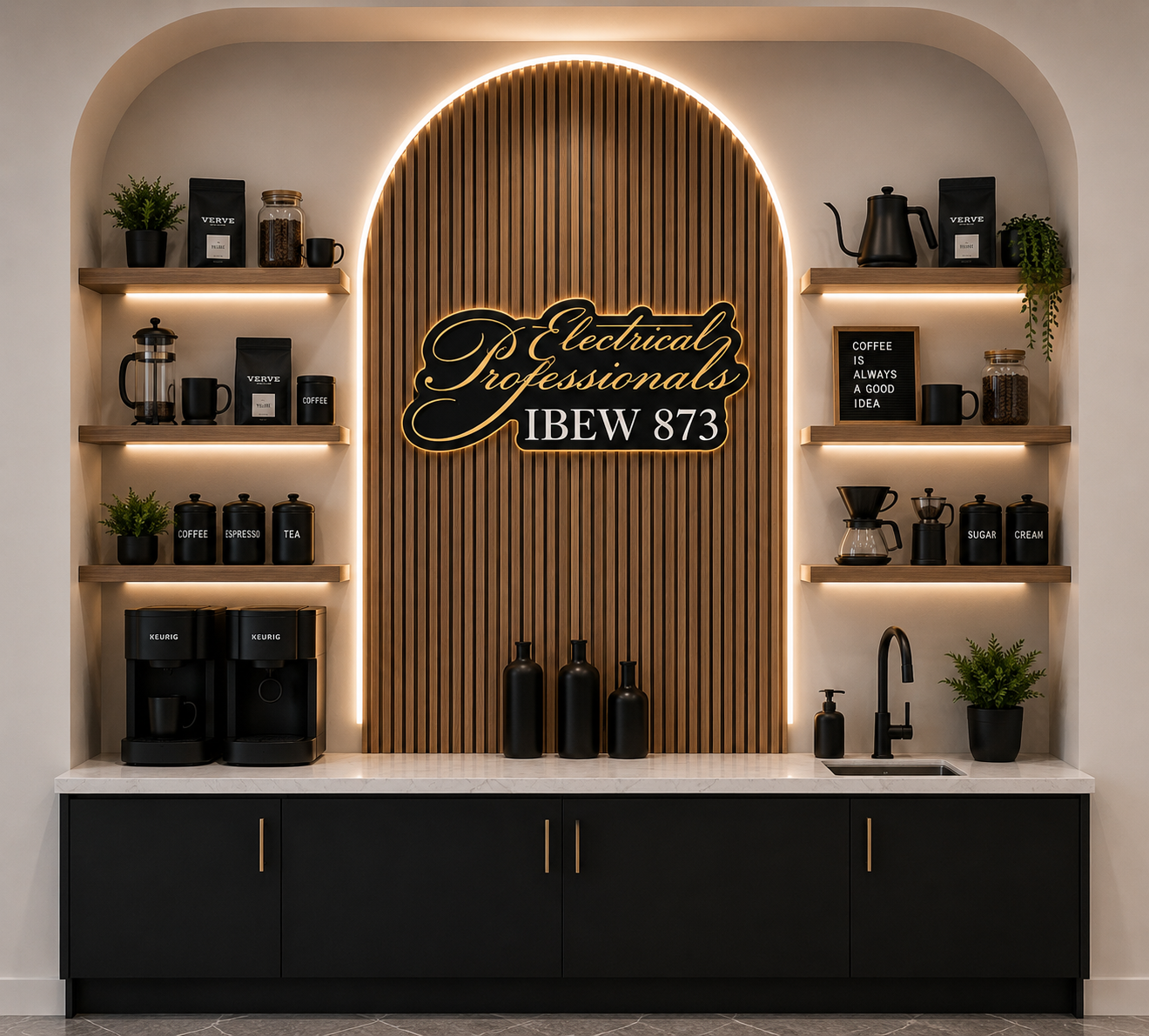 Modern coffee bar with black appliances, wooden shelves, green plants, and a illuminated sign that says 'Electrical Professionals IBEW 873' in black and gold.