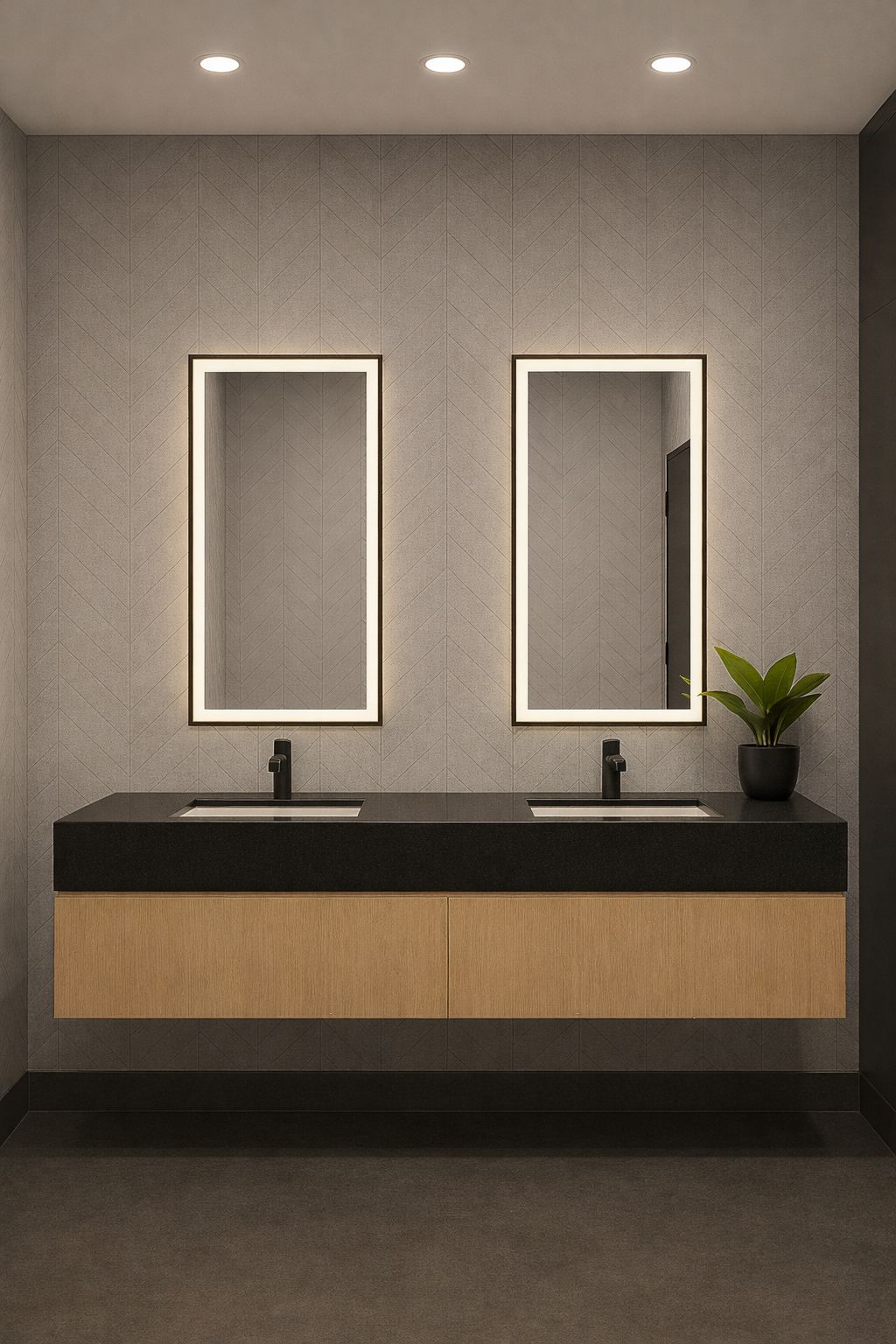 Modern bathroom with two large backlit mirrors, a double black countertop with two inset sinks, and a potted plant on the right side, against a gray patterned wall.
