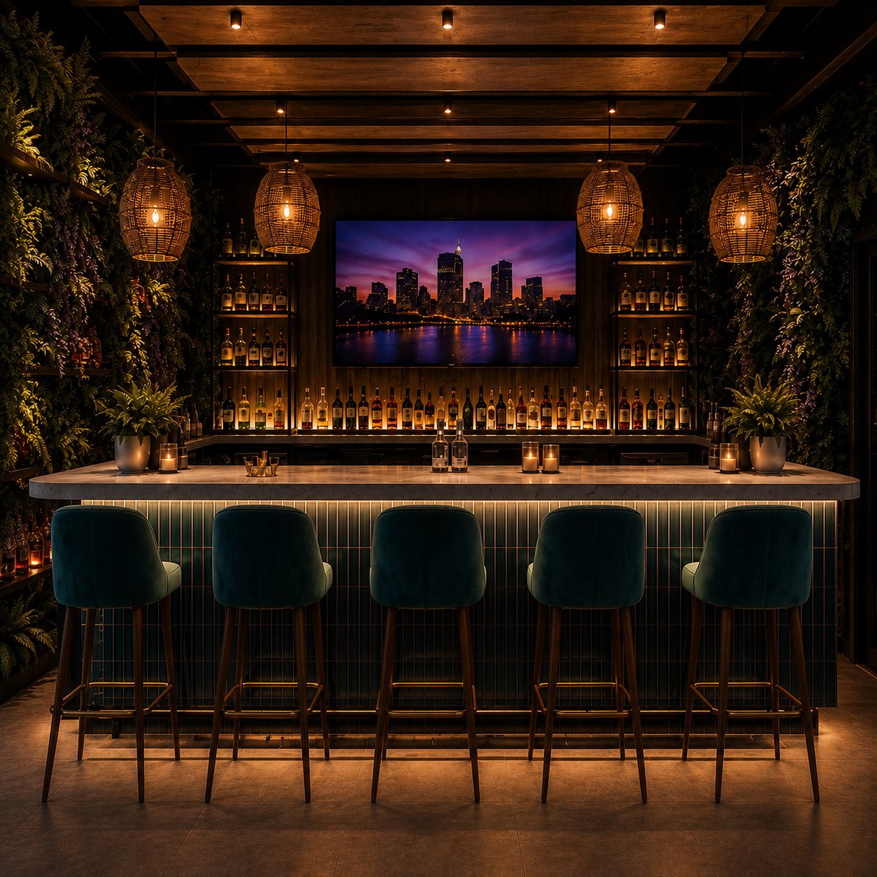 Hospitality bar with custom shelving, premium finishes, and ambient lighting.