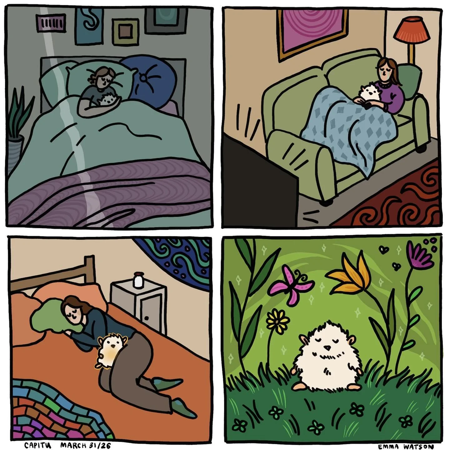 new comic featuring Emma Watson, the sweet and cuddly hamster who comforts us all in our times of need (falling asleep, feeling sad when watching The Pitt, experiencing period cramps&hellip;). In the last panel she gets some time to herself to rechar
