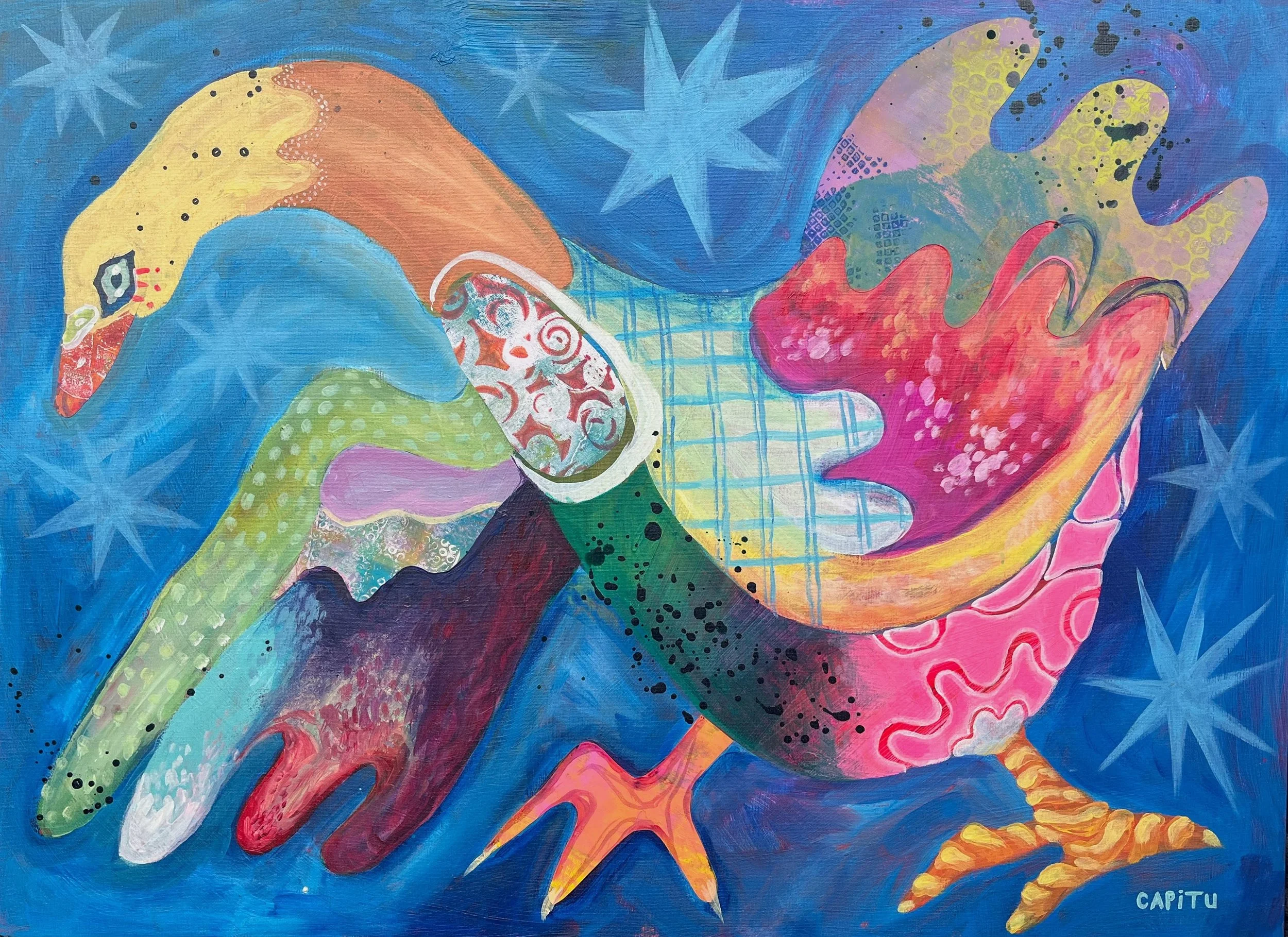 Bird. 2024. Acrylic and collage on canvas board. 22"x30". Collaboration with Elizabeth Knechtel.