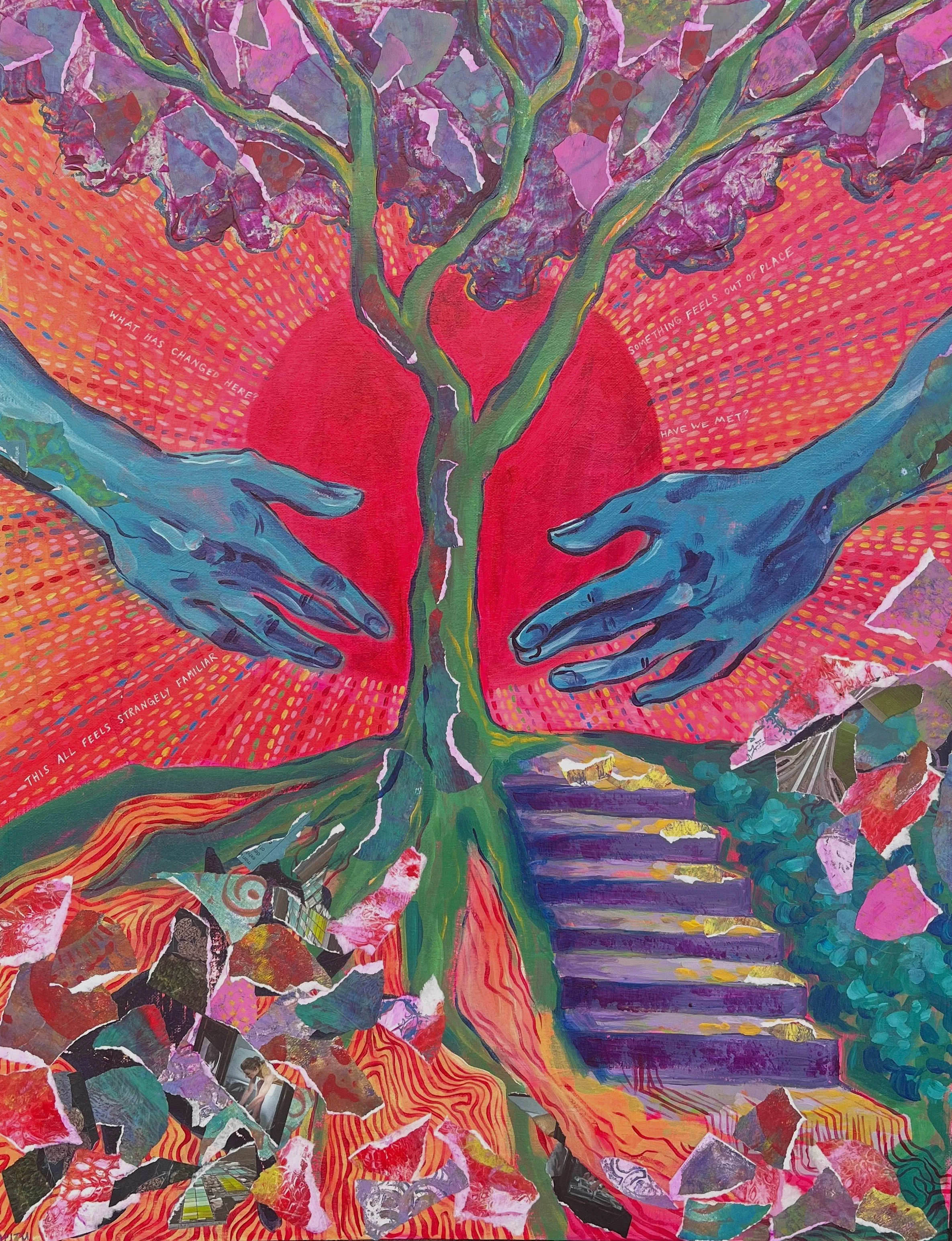 Out of Place. 2024. Acrylic and collage on canvas board. 22"x28".
