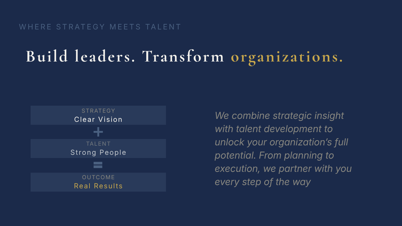 A dark blue informational graphic with the title "Build leaders. Transform organizations." The graphic illustrates that combining clear vision and strong people talent leads to real results, emphasizing strategic insight with talent development to unlock an organization's full potential.