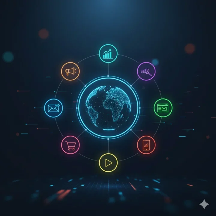 Digital illustration of a globe surrounded by various icons representing business, marketing, and communication, connected with lines in a circular pattern.