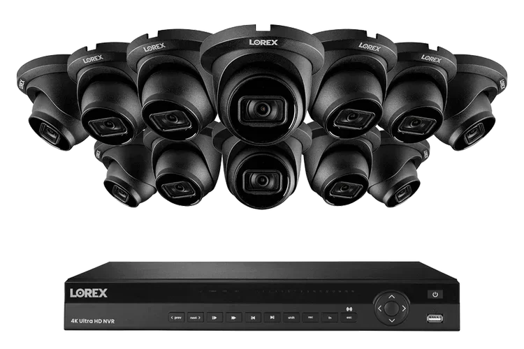 Security camera system with multiple black dome cameras arranged in a semi-circle above a black DVR or NVR device labeled "Lorex 4K Ultra HD NVR".