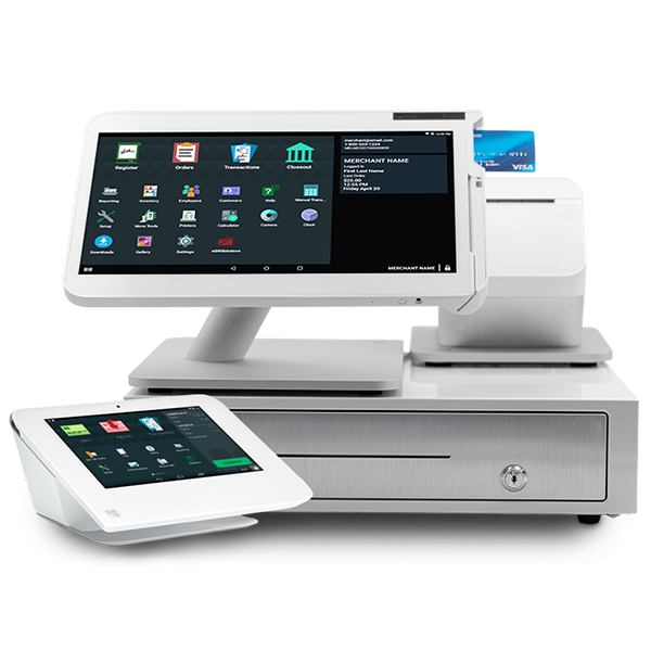 Point of sale registration and payment terminal setup including a touch screen monitor and a card reader device.