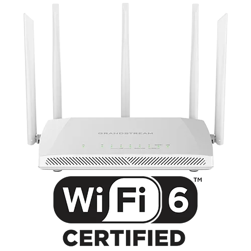 A white wireless router with multiple antennas and LED indicator lights, displaying WiFi 6 support.