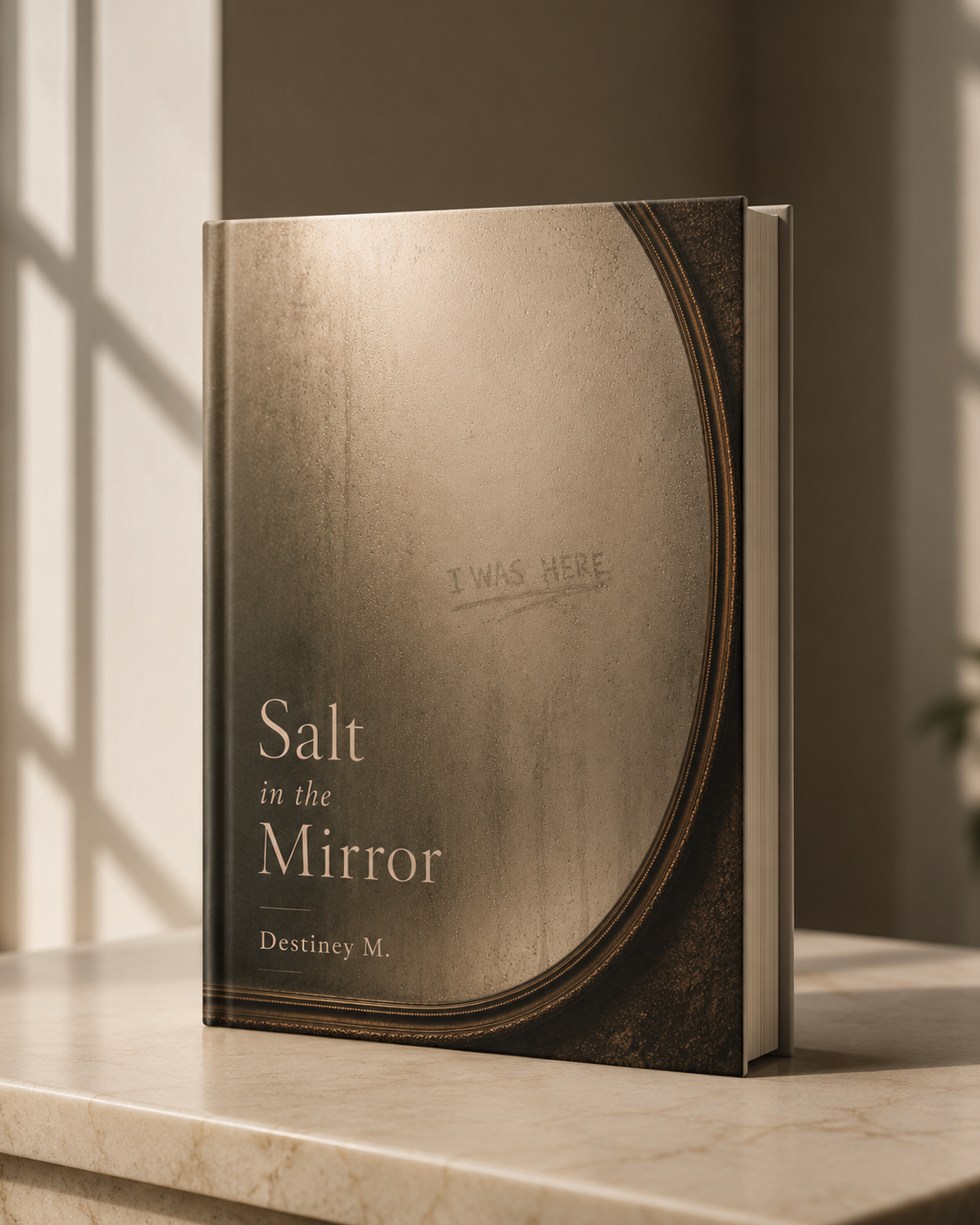 Book cover for Salt in the Mirror by Destiney M., a contemporary poetry collection exploring grief, self-trust, identity, and emotional becoming. The cover features a minimalist still life with warm light and shadow.