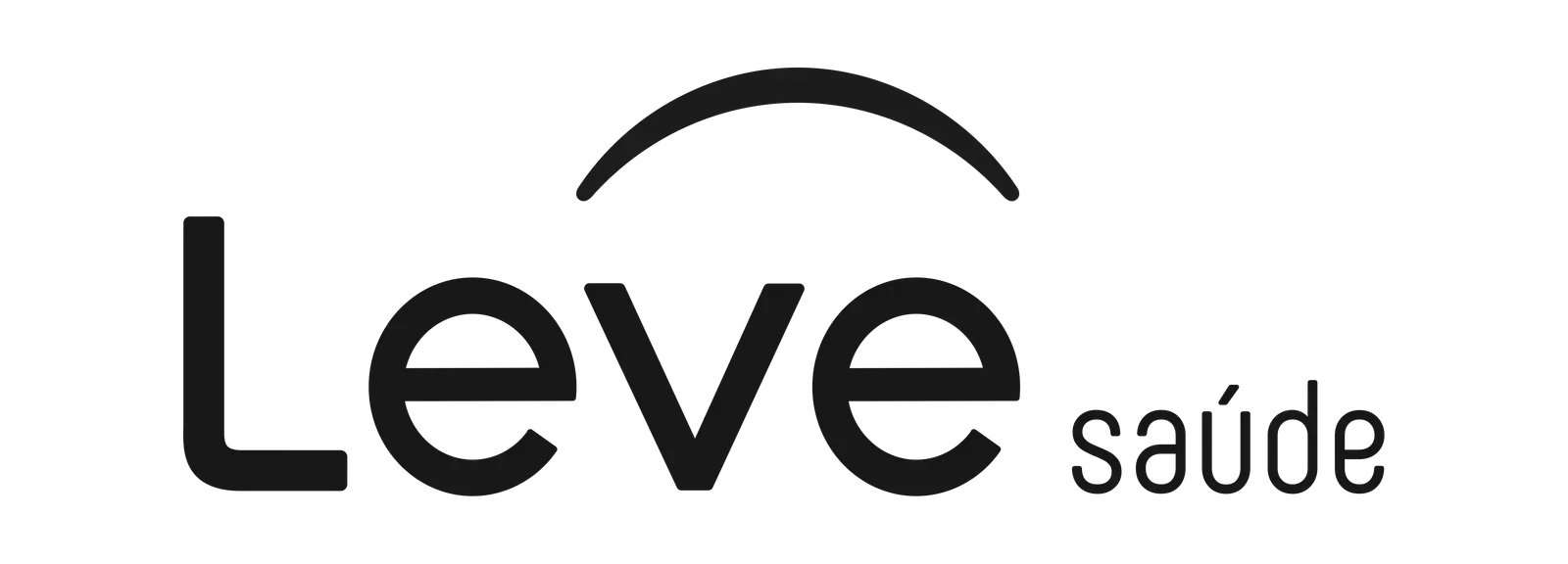 Logotipo preto com a palavra 'Leve' estilizada e arco acima, ao lado a palavra 'saúde'