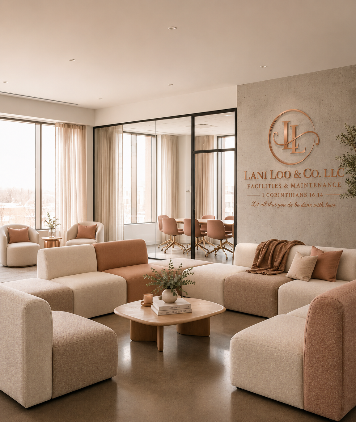 Elegant office lounge with beige and blush-colored sofas, armchairs, a round wooden coffee table with plants and books, large windows with curtains, and a conference room with pink chairs and a table in the background. The wall displays a sign for Lani Loo & Co. LLC Facilities & Maintenance.