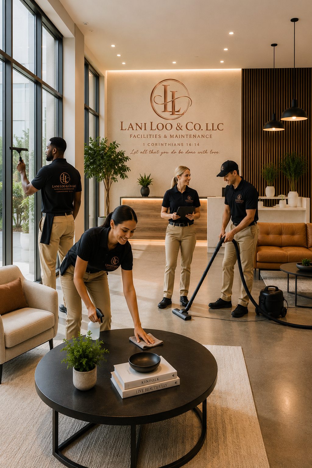 Cleaning staff at Lani Loo & Co. LLC residential or commercial facilities, with a reception desk, modern decor, and large windows providing natural light.