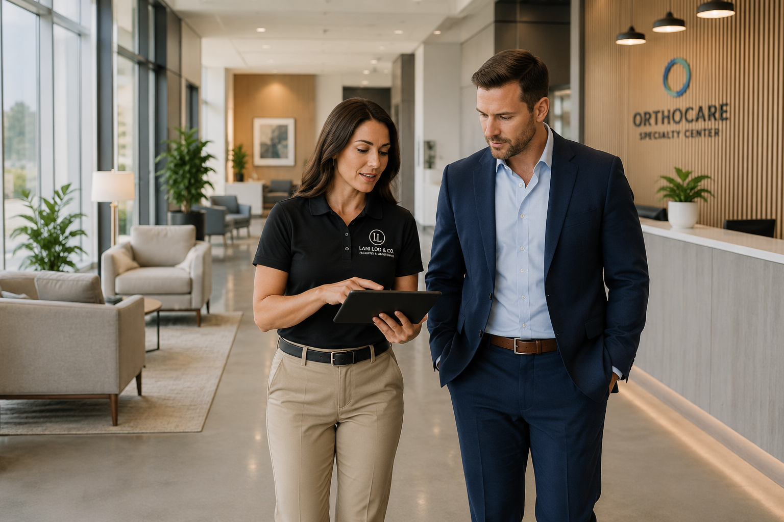 A woman and a man in business attire standing in a modern medical reception area, looking at a tablet together. The background features a reception desk with a sign that says 'Orthocare Specialty Center' and a waiting area with chairs and plants.