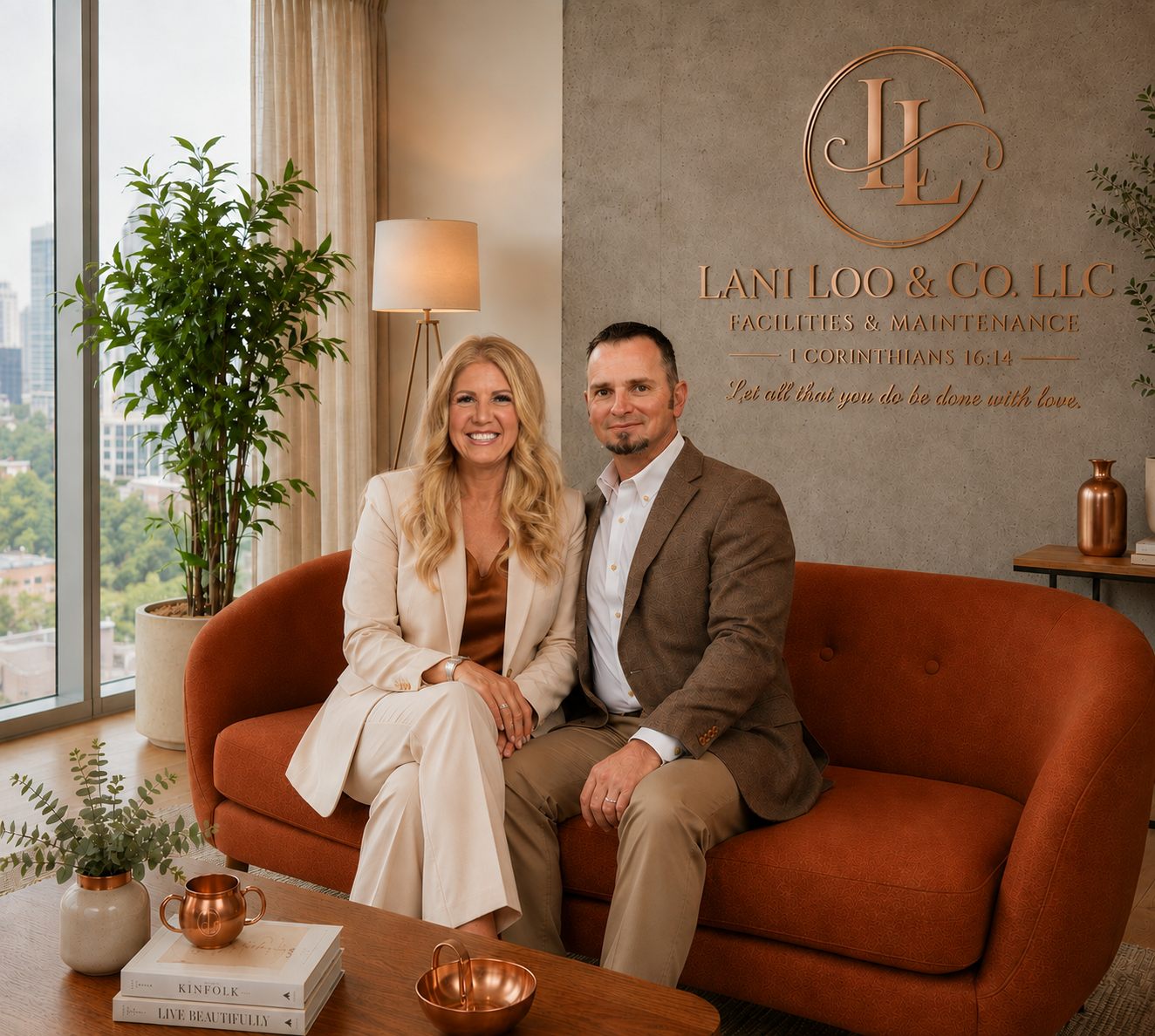 A smiling woman and man sitting together on a rust-red sofa in an office, with a large window, a potted plant, and decorative items. The woman has long blonde hair, and the man has short dark hair and a beard. They are dressed in business casual attire. Behind them, a wall displays the logo and name "Lani Loo & Co. LLC" and a Bible verse from 1 Corinthians 16:14.