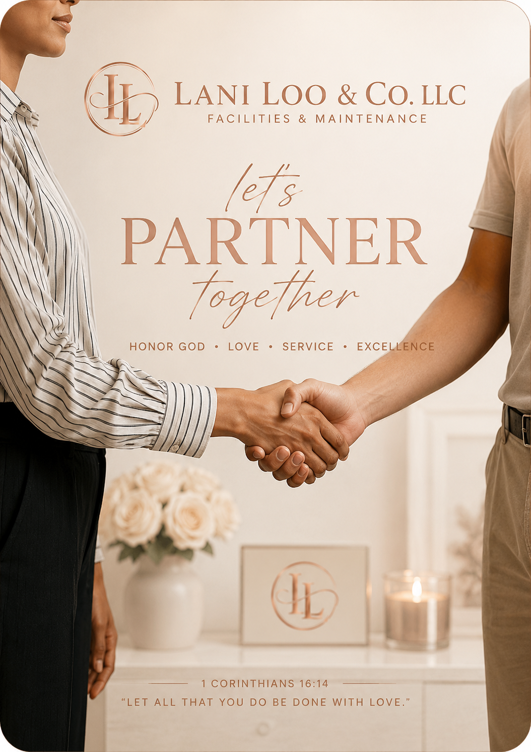 Two people shaking hands against a sign that reads 'Lani Loo & Co. LLC Facilities & Maintenance. Let's partner together,' with a quote from 1 Corinthians 16:14 at the bottom.