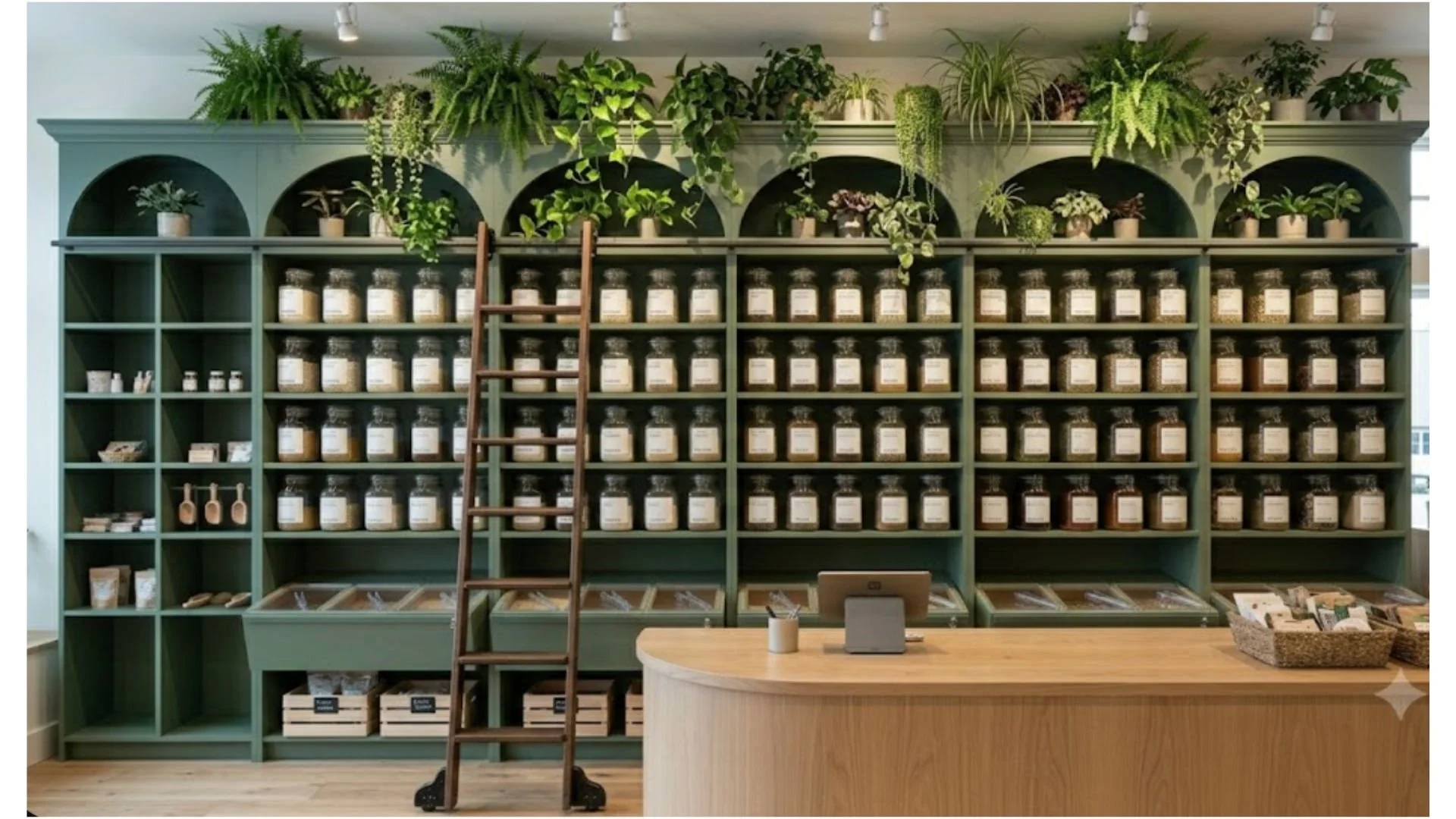 A mint green wooden store display with shelves of glass jars filled with dried herbs or tea, a folding wooden ladder, and plants on top of the display, in a well-lit interior.