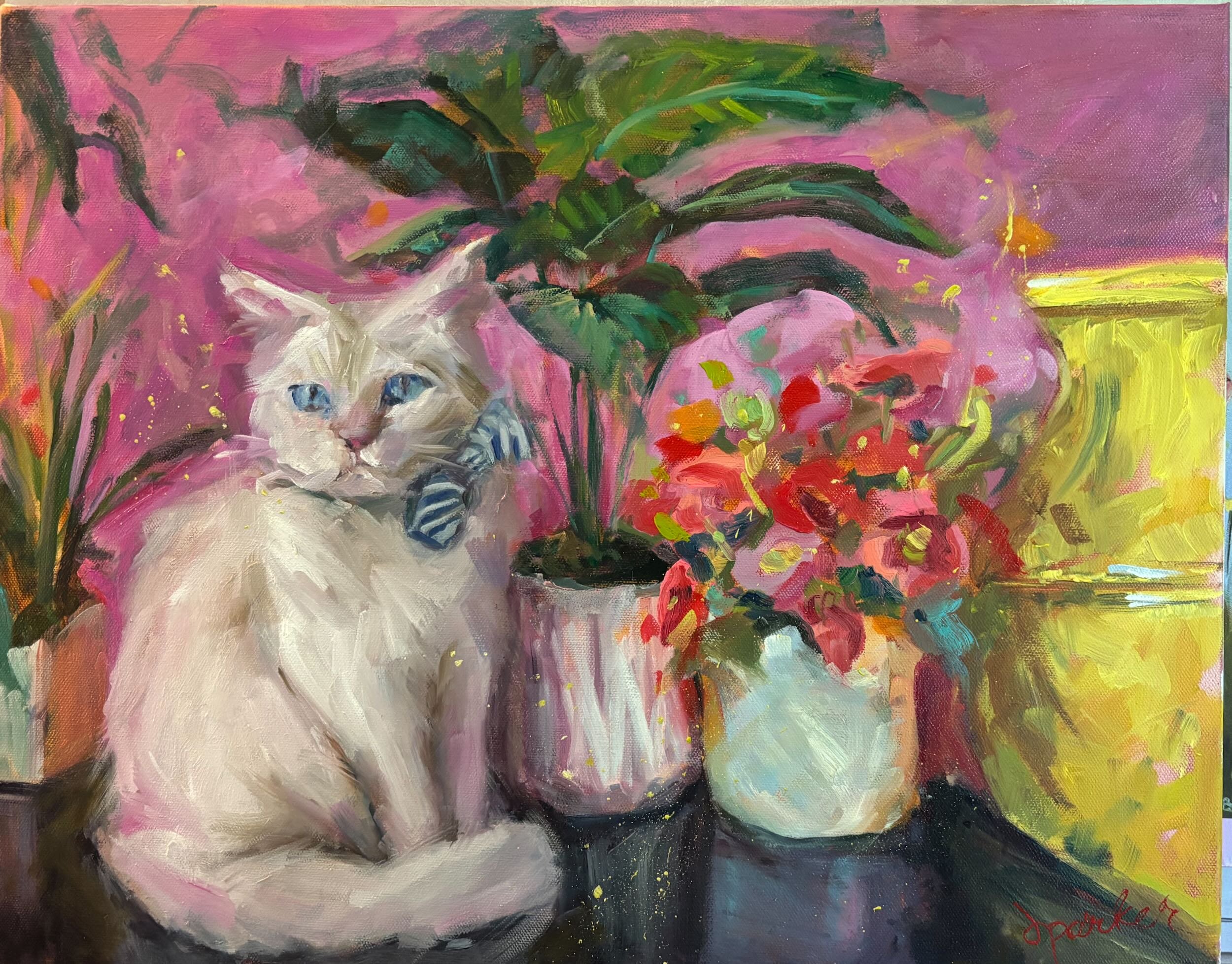 An expressive, colorful oil painting featuring a white cat with striking blue eyes, surrounded by vibrant pink, green, yellow, and red abstract flowers and foliage.