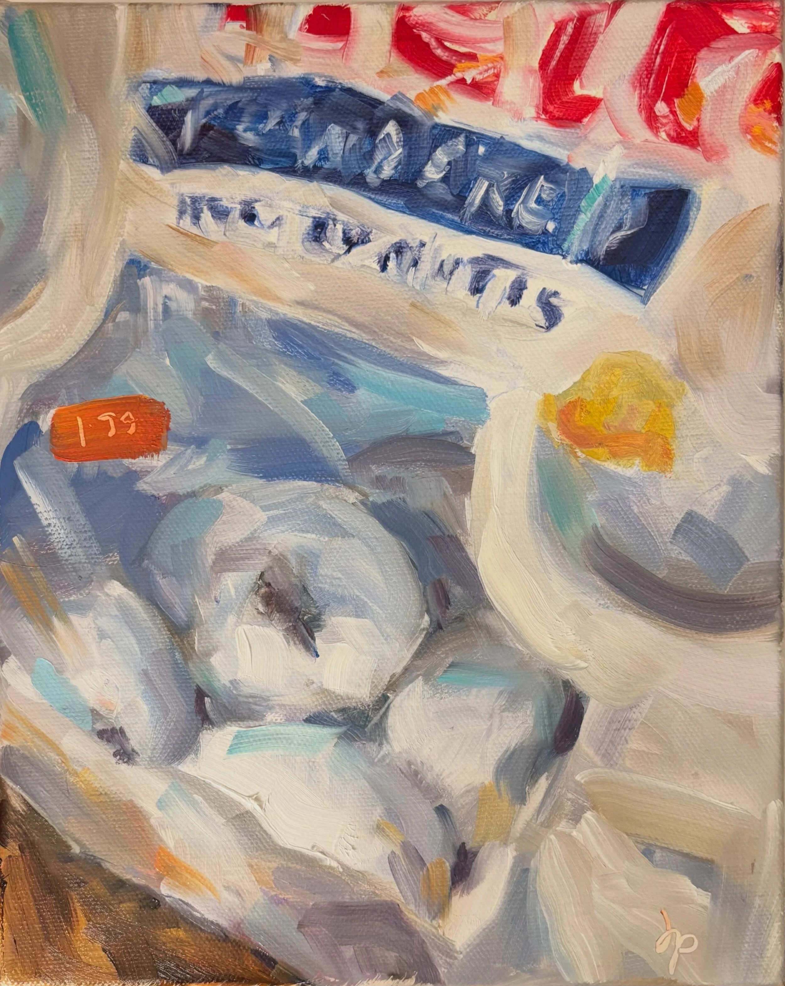 Abstract oil painting of a bag of powdered doughnuts with various colorful brushstrokes including reds, yellows, and blues, and an orange rectangle with orange text in the lower left corner.