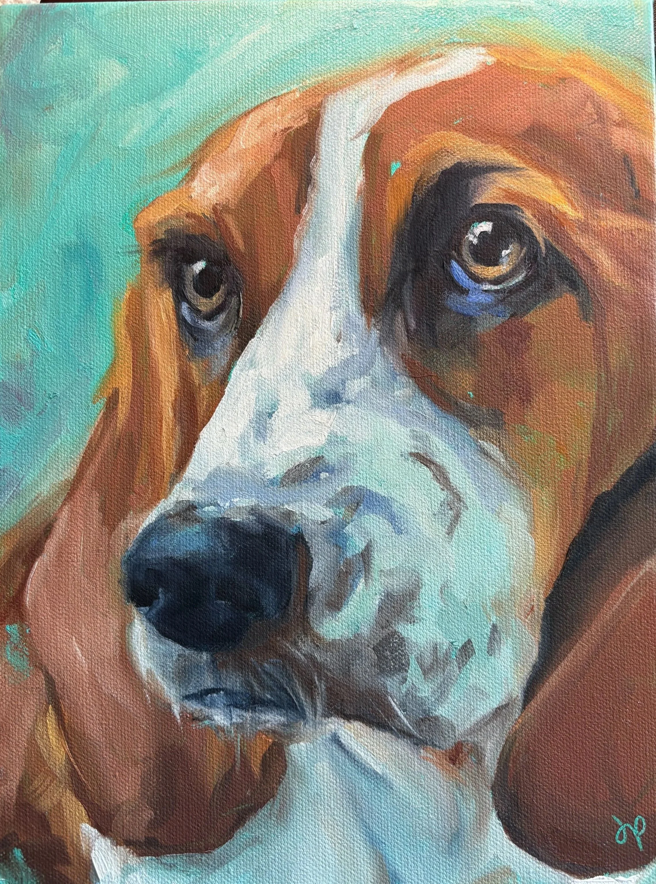 An oil painting of a close-up of a basset hound with large, expressive eyes, painted in an impressionistic style with bold brushstrokes and vibrant colors.