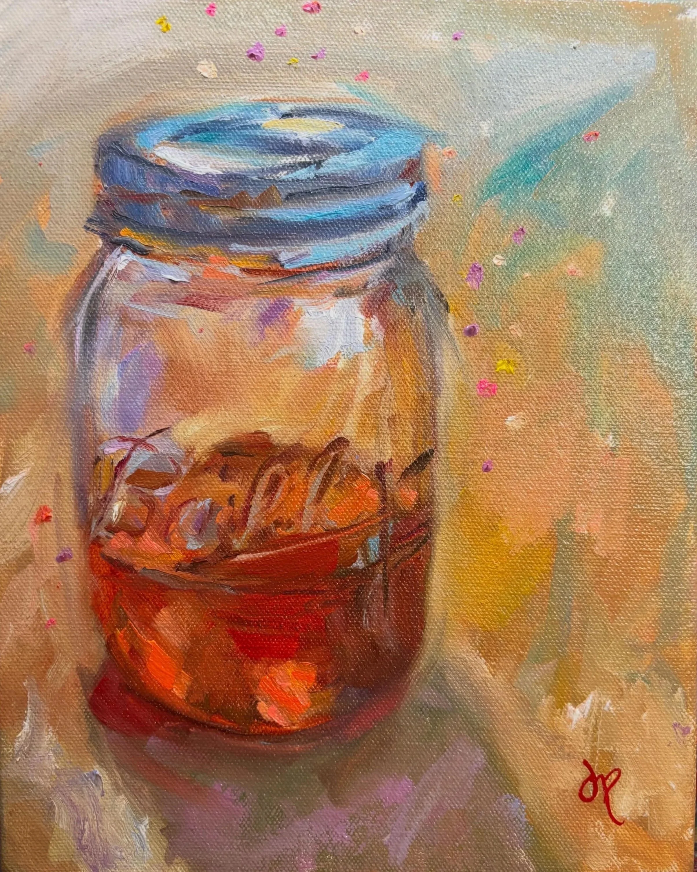 A colorful, impressionistic painting of a mason jar filled with honey against a background with pink and purple colors. The artist's signature is in red at the bottom right corner.