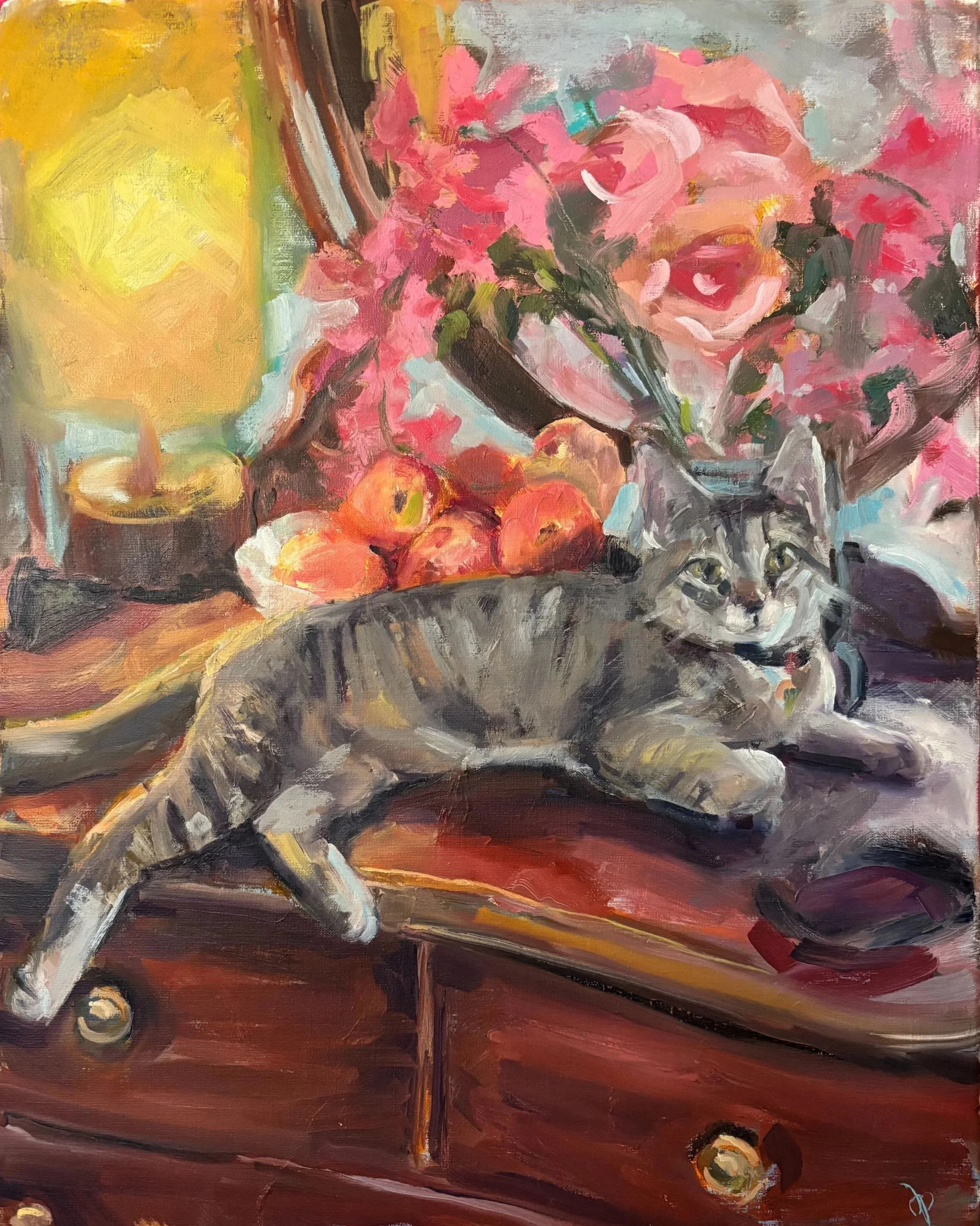 An abstract painting with vivid colors depicting a still life scene with a yellow vase, pink flowers, a gray cat with yellow eyes, and an orange fruit set on a dark surface.